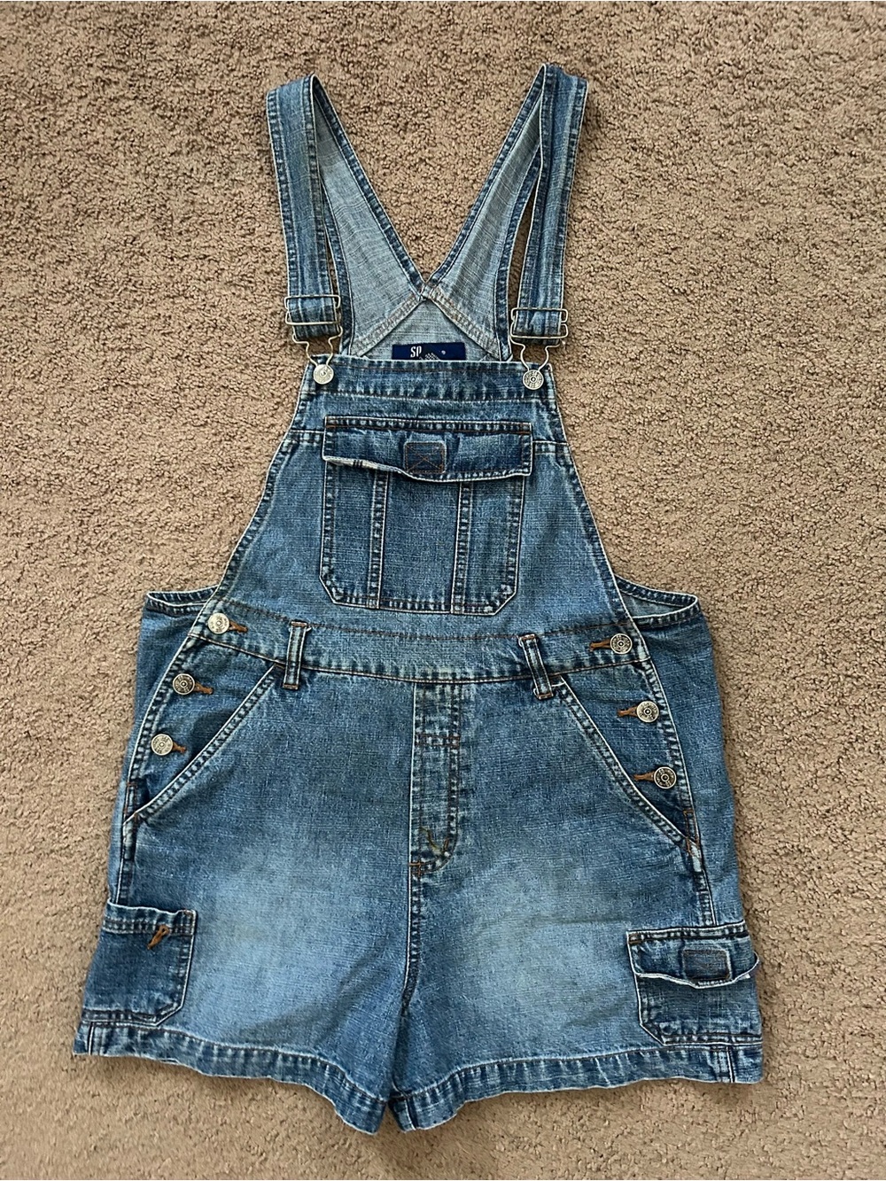 SO GSJC Juniors Blue Denim Short Overalls Romper size L 100% Cotton